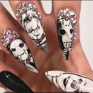 24 press on Halloween long black rhinestone nails